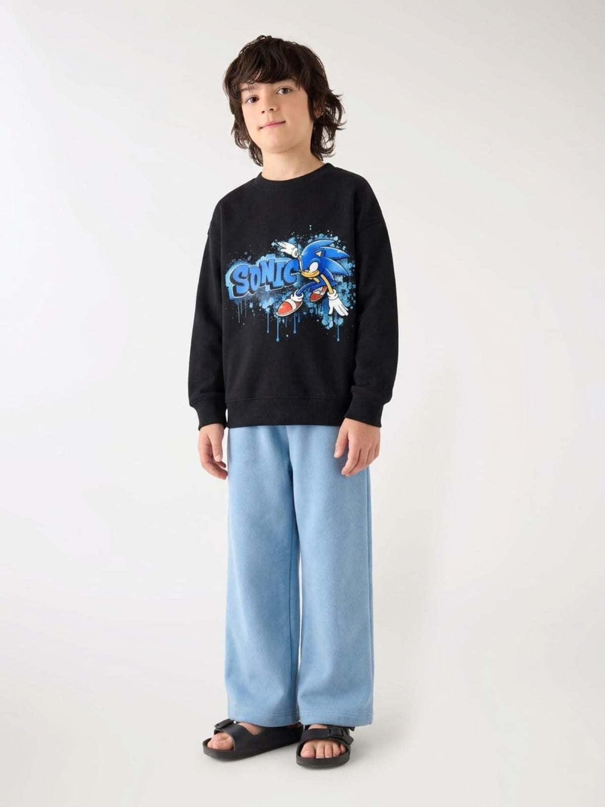 Sonic Graffiti Sweatshirt & Wide-Leg Pants Set - Black & Sky Blue