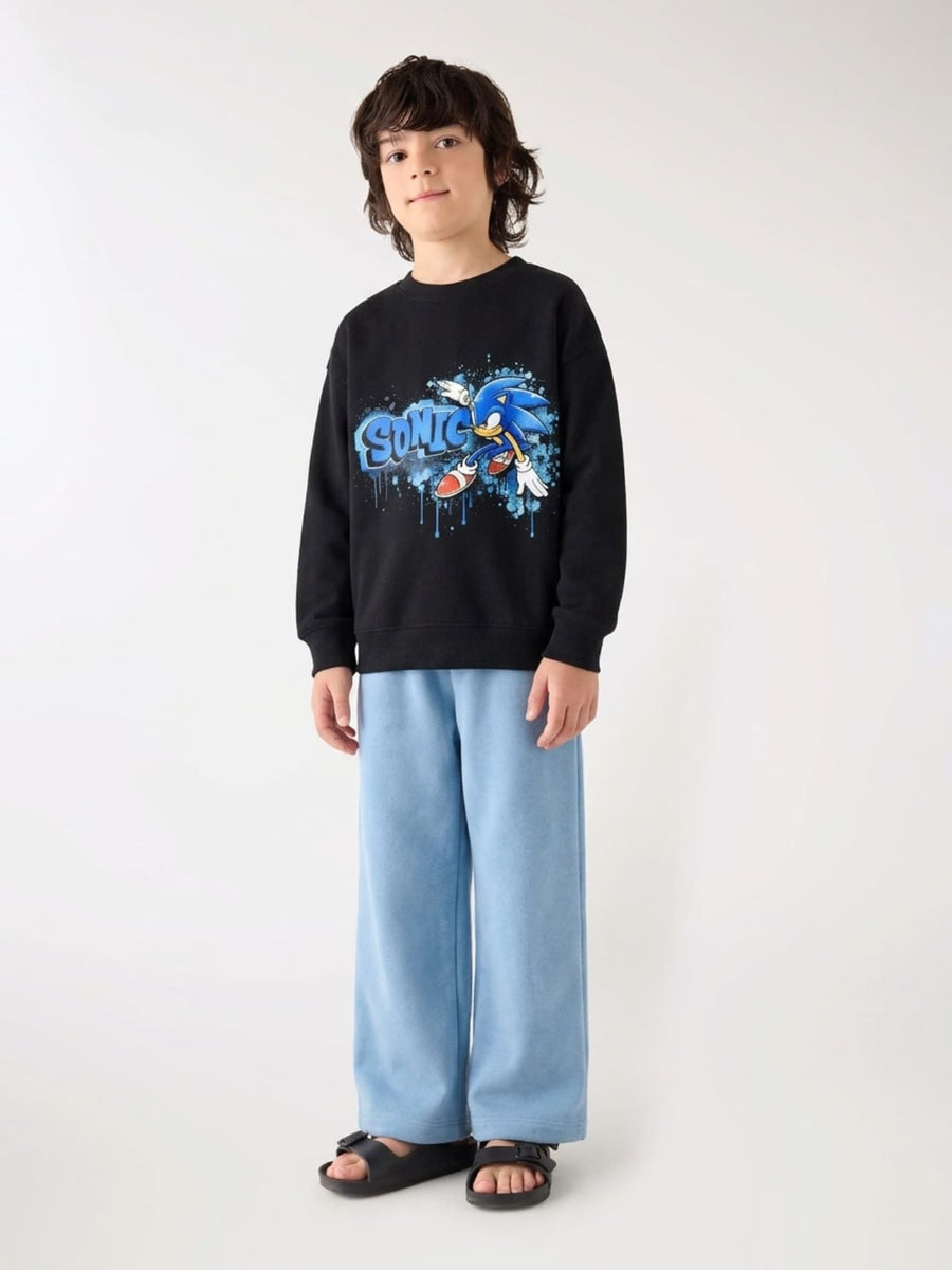 Sonic Graffiti Sweatshirt & Wide-Leg Pants Set - Black & Sky Blue