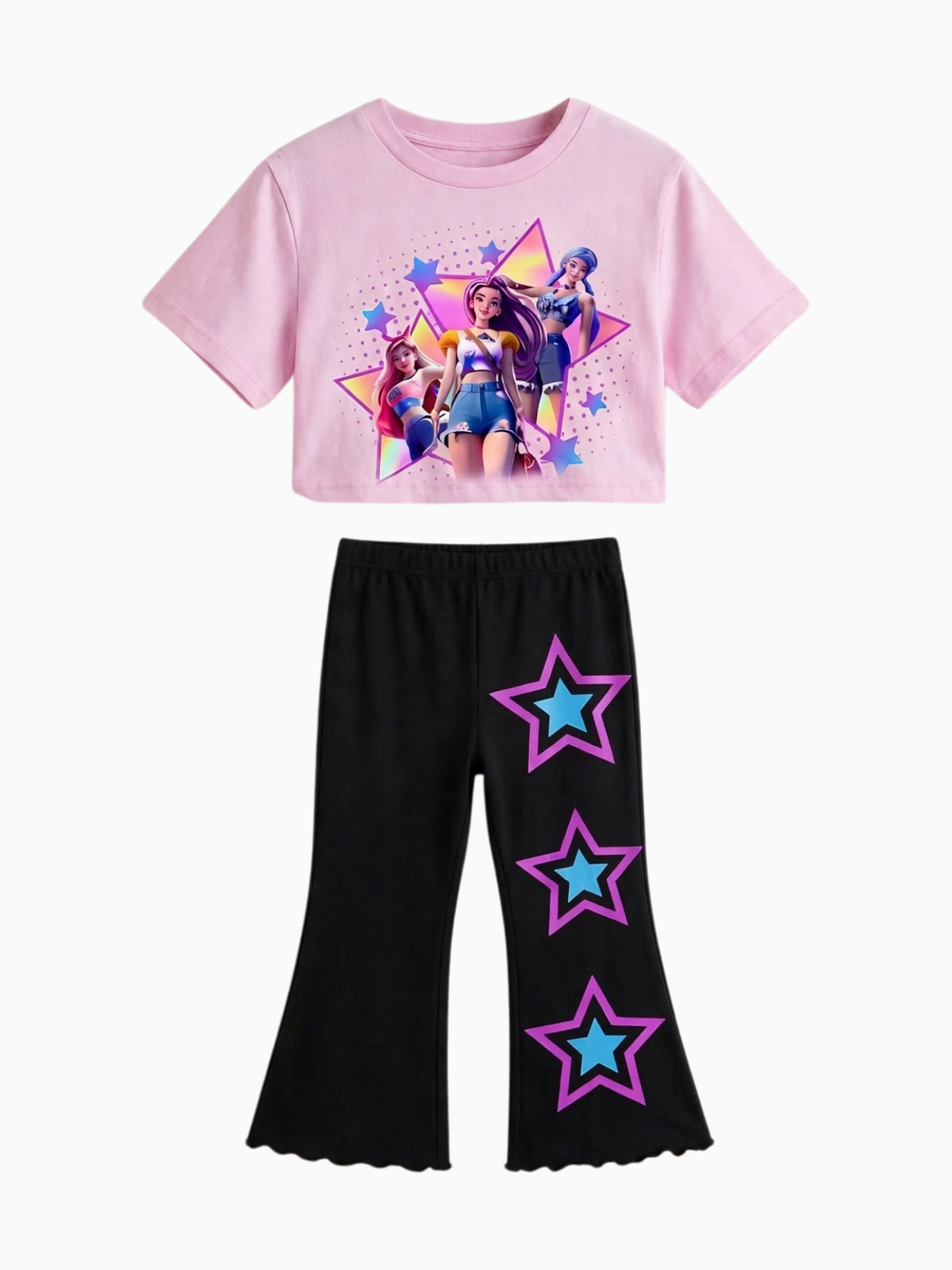 Girls K-pop T-shirt & Flare Pant Set - Pink & Black (4-12yrs)
