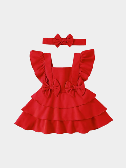 Girls' Red Tiered Dress ,Ruffle Sleeves & Bow Accents
