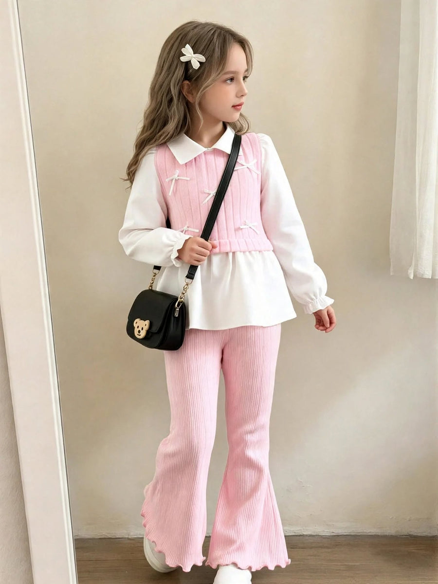 Girls Ribbed Lettuce-Hem Flare Pants - Pink