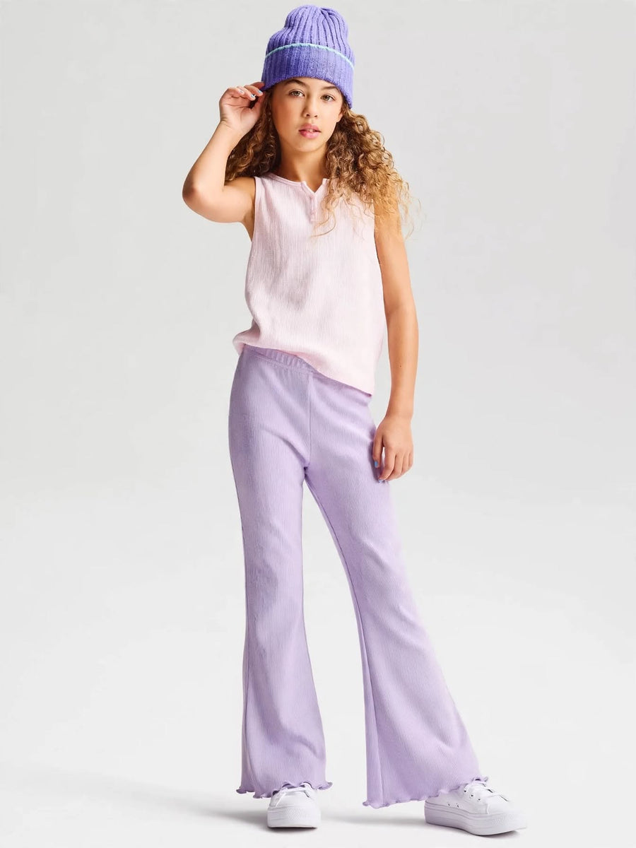 Girls Ribbed Lettuce-Hem Flare Pants - Purple