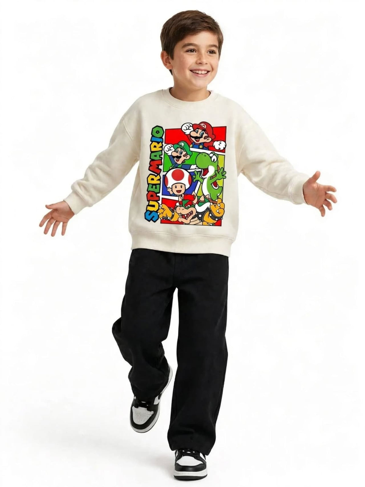 Super Mario & Friends Sweatshirt & Wide-Leg Pants Set - Cream & Black
