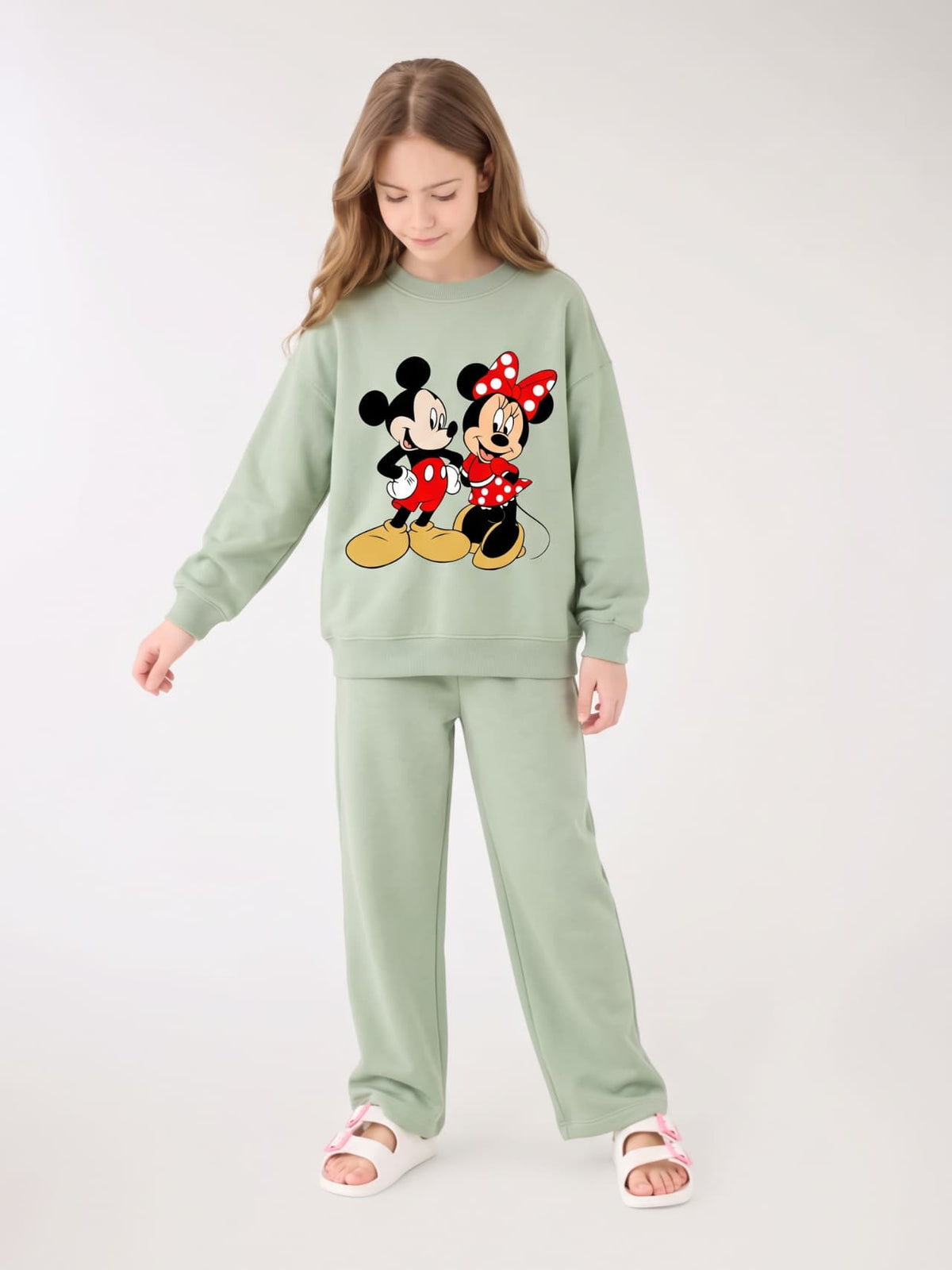 Mickey & Minnie Sweatshirt & Wide-Leg Pants Set - Sage Green