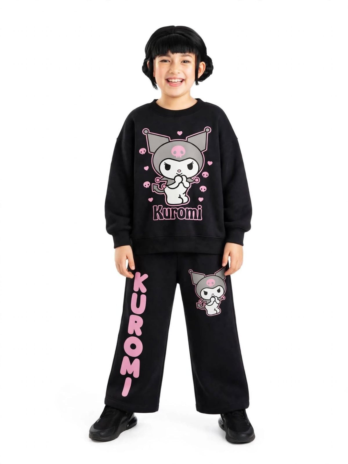 Kuromi Sweatshirt & Printed Wide-Leg Pants Set - Black