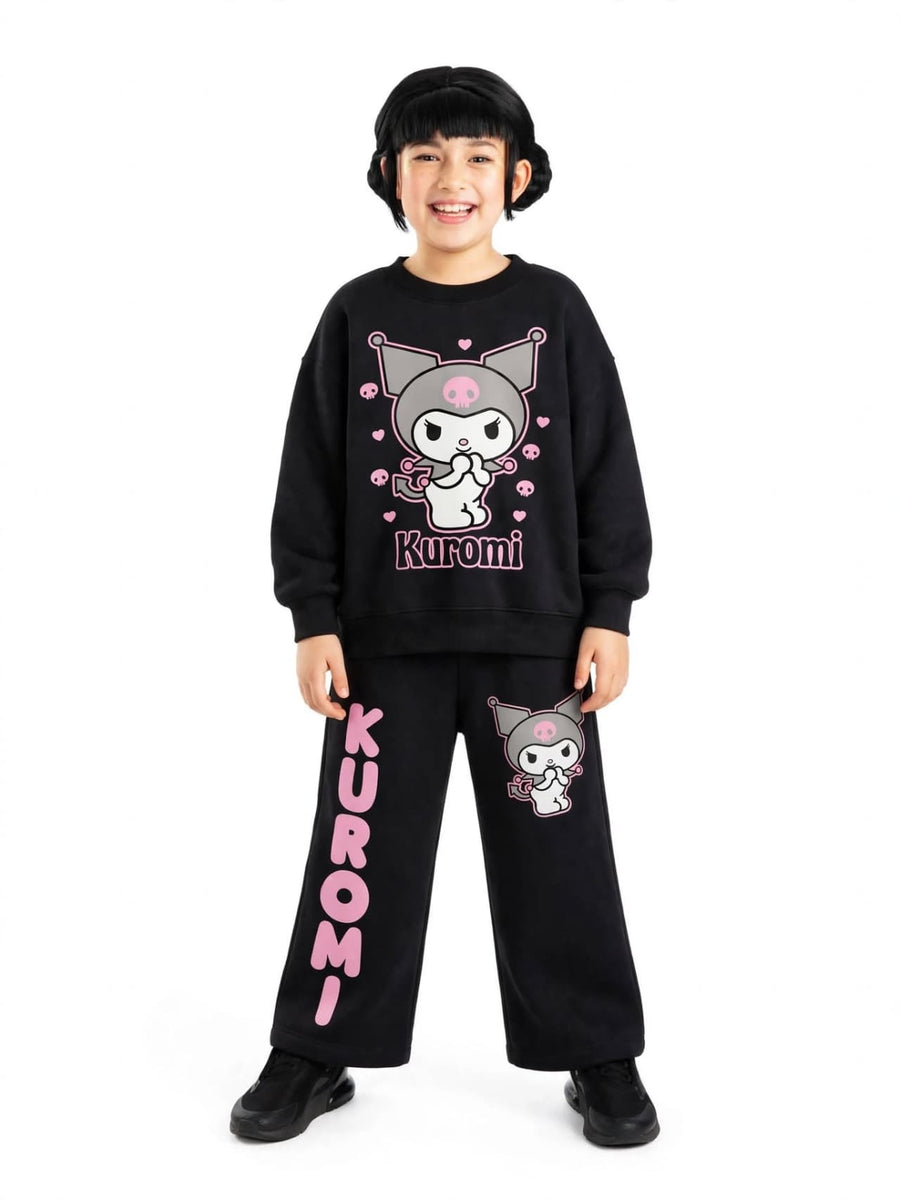 Kuromi Sweatshirt & Printed Wide-Leg Pants Set - Black