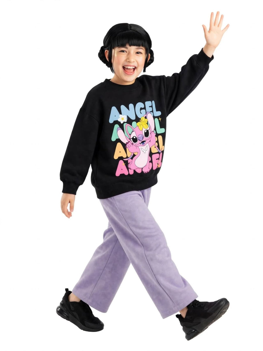 Angel Stitch Sweatshirt & Wide-Leg Pants Set - Black & Lavender