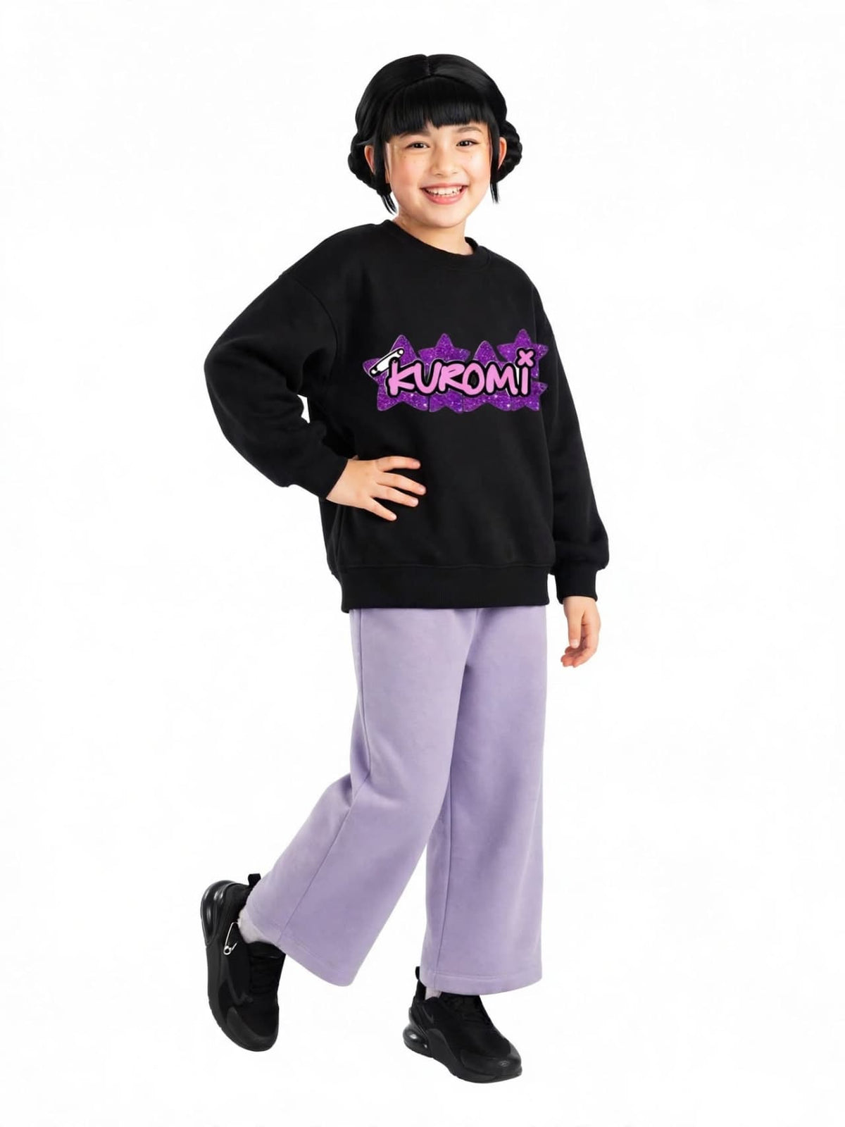 Kuromi Glitter Star Sweatshirt & Wide-Leg Pants Set - Black & Lavender