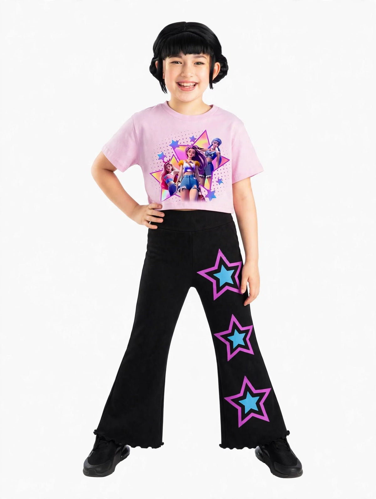 Girls K-pop T-shirt & Flare Pant Set - Pink & Black (4-12yrs)