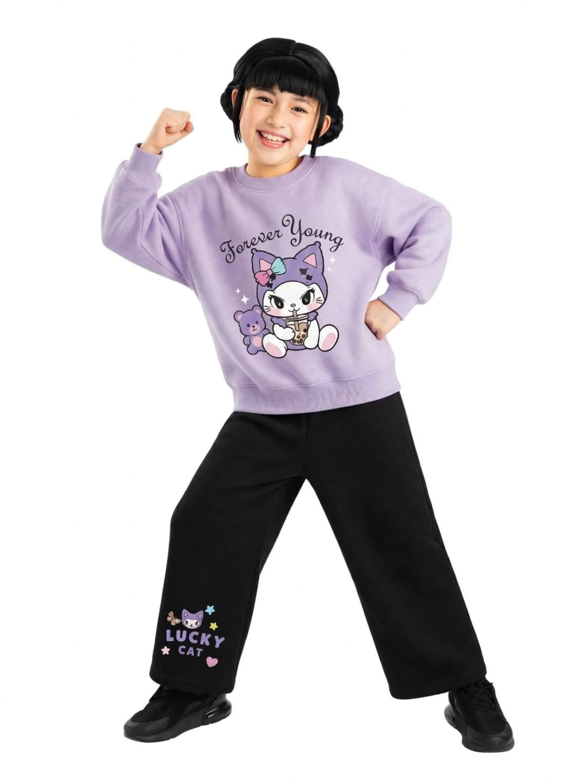 Kuromi Forever Young Sweatshirt & Lucky Cat Wide-Leg Pants Set - Lavender & Black