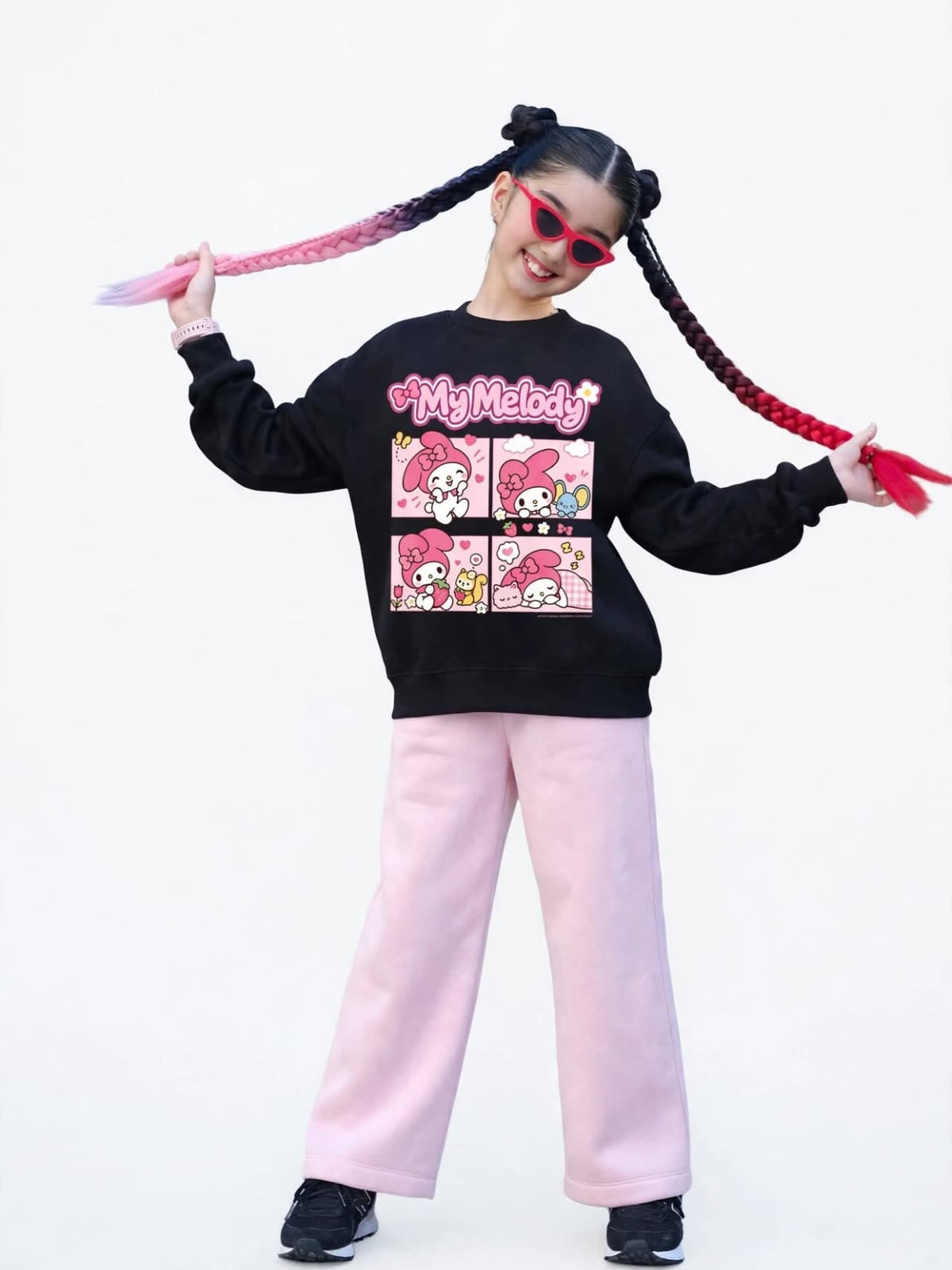 My Melody Comic Sweatshirt & Wide-Leg Pants Set - Black & Pink
