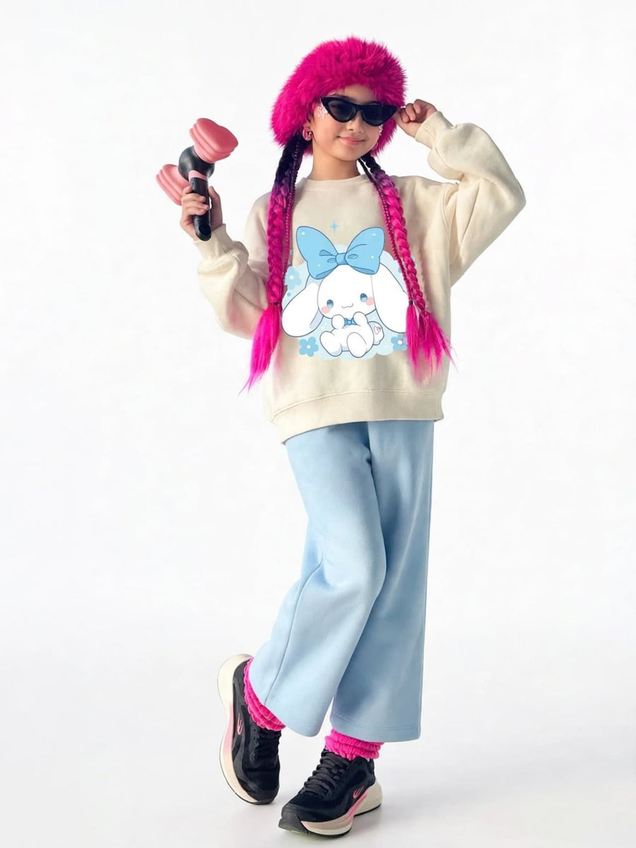 Cinnamoroll Blue Bow Sweatshirt & Wide-Leg Pants Set - Cream & Sky Blue
