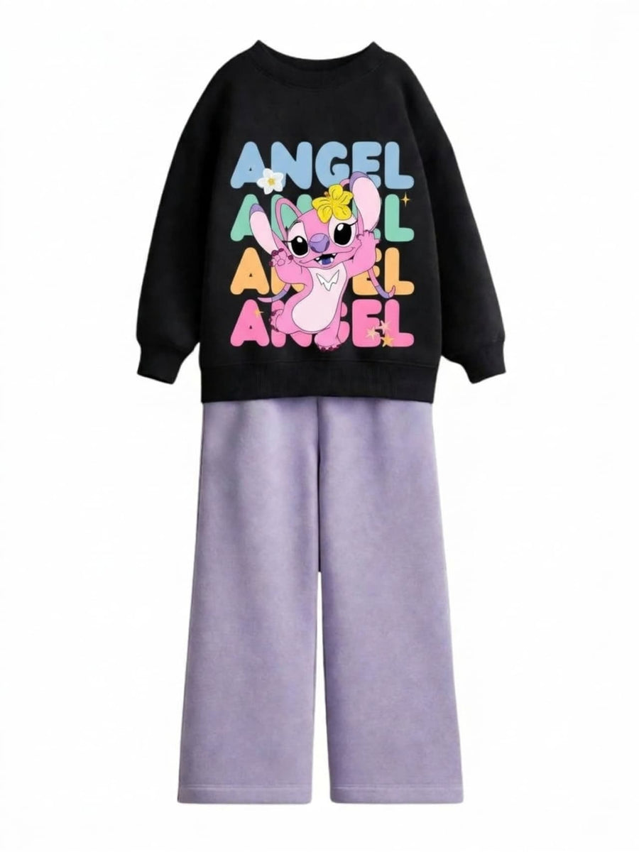 Angel from Lilo and Stitch black sweatshirt with lavender wide-leg pants set for girls
