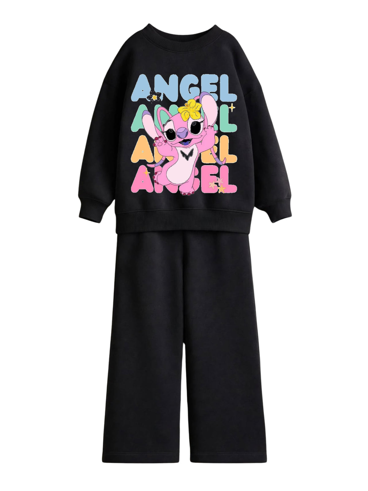Angel from Lilo and Stitch pastel lettering black sweatshirt and wide-leg pants set