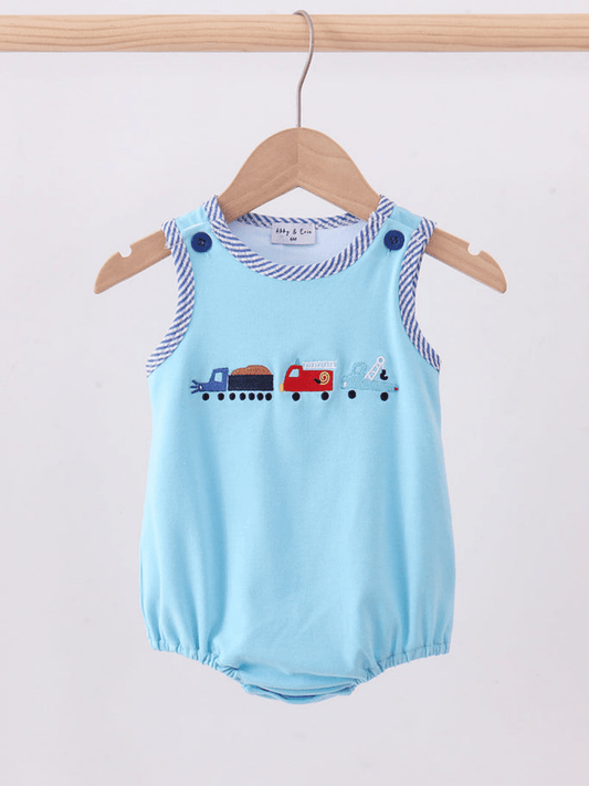 Baby Boys' Blue Vehicle Embroidered Smocked Bubble Romper