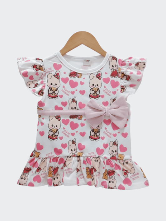 Baby Cute Bunny" Heart Print Flutter Sleeve Dress