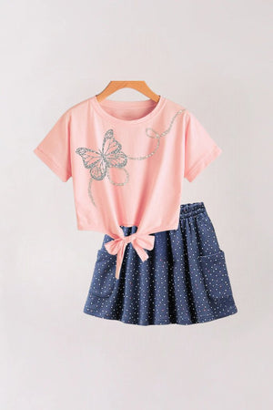 Baby Girl 2pcs Pink Color Butterfly Glitter Printed Top & Skirt Set