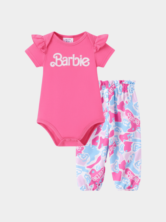 Baby Girls' Barbie Hot Pink Flutter Sleeve Bodysuit & Print Pants Set