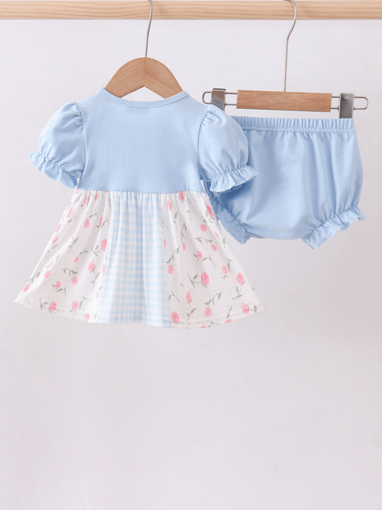 Baby Girls’ Blue Gingham and Rose Print Ruffle Bloomer Set