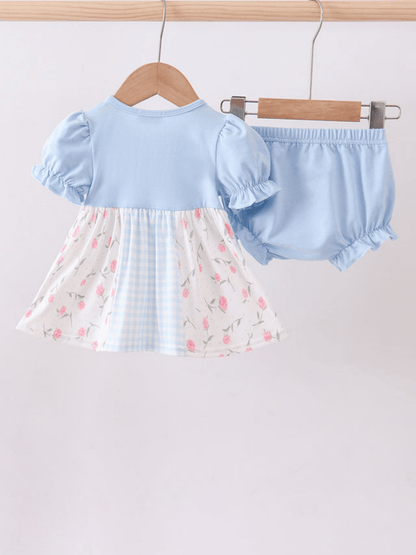 Baby Girls’ Blue Gingham and Rose Print Ruffle Bloomer Set