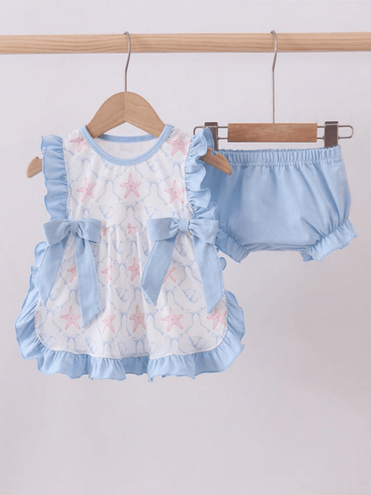 Baby Girls' Blue Starfish Print Flutter Top and Bloomer Set