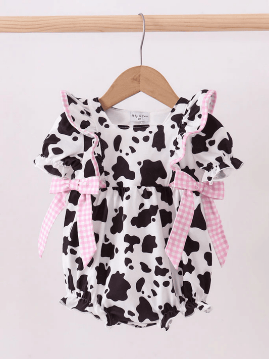 Baby Girls' Cow Print Bubble Romper with Pink Gingham Bows