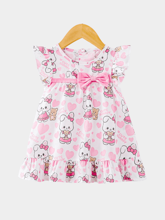 Baby Girls' "Cute Bunny" Heart Print Flutter Sleeve Dress