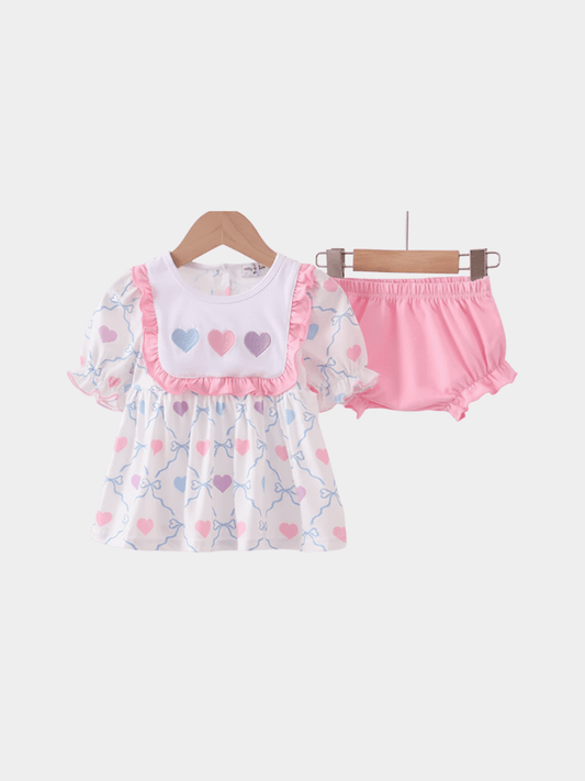 Baby Girls’ Pastel Heart Print Top and Pink Bloomer Set