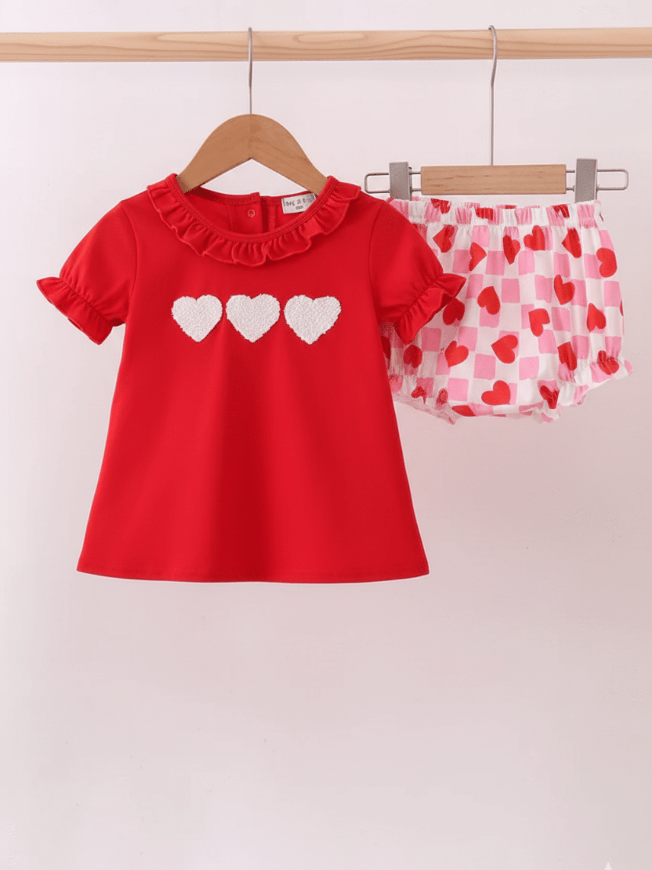 Baby Girls’ Red Ruffled Top and Checkered Heart Bloomer Set