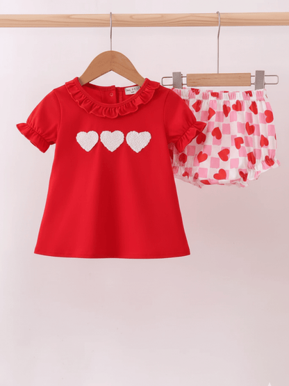 Baby Girls’ Red Ruffled Top and Checkered Heart Bloomer Set