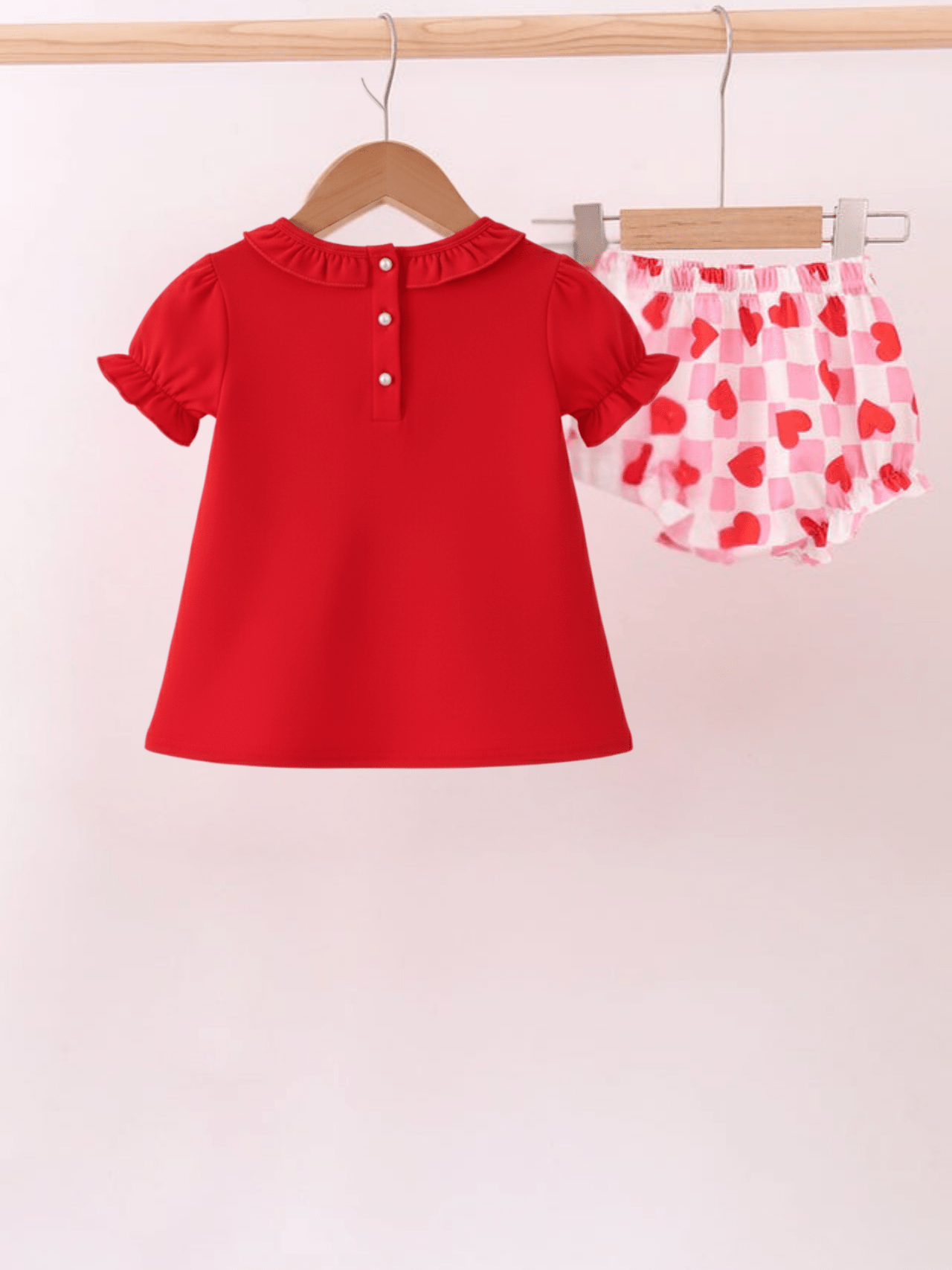 Baby Girls’ Red Ruffled Top and Checkered Heart Bloomer Set