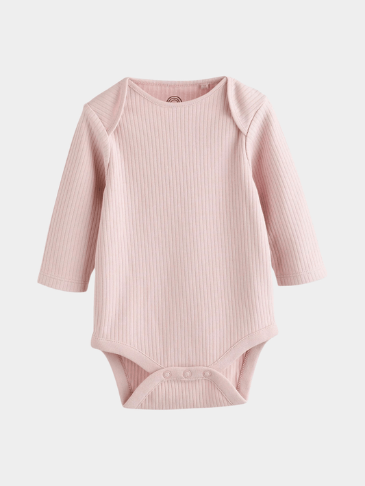 Baby Pink Ribbed Long - Sleeve Bodysuit | Essential Cotton Baby Romper (0mths - 2yrs)