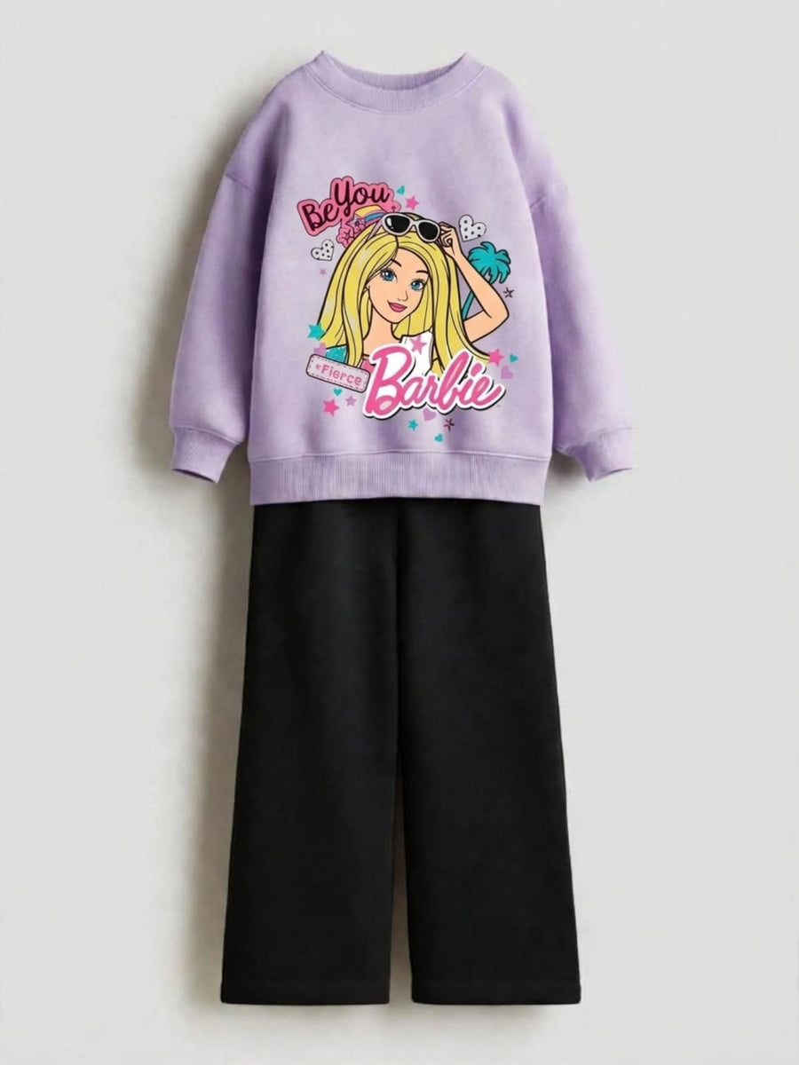 Barbie Be You Fierce lavender sweatshirt with black wide-leg pants set for girls