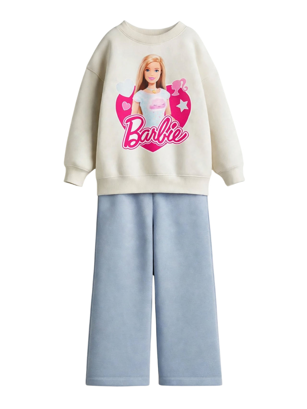 Barbie pink heart cream sweatshirt with sky blue wide-leg pants set for girls