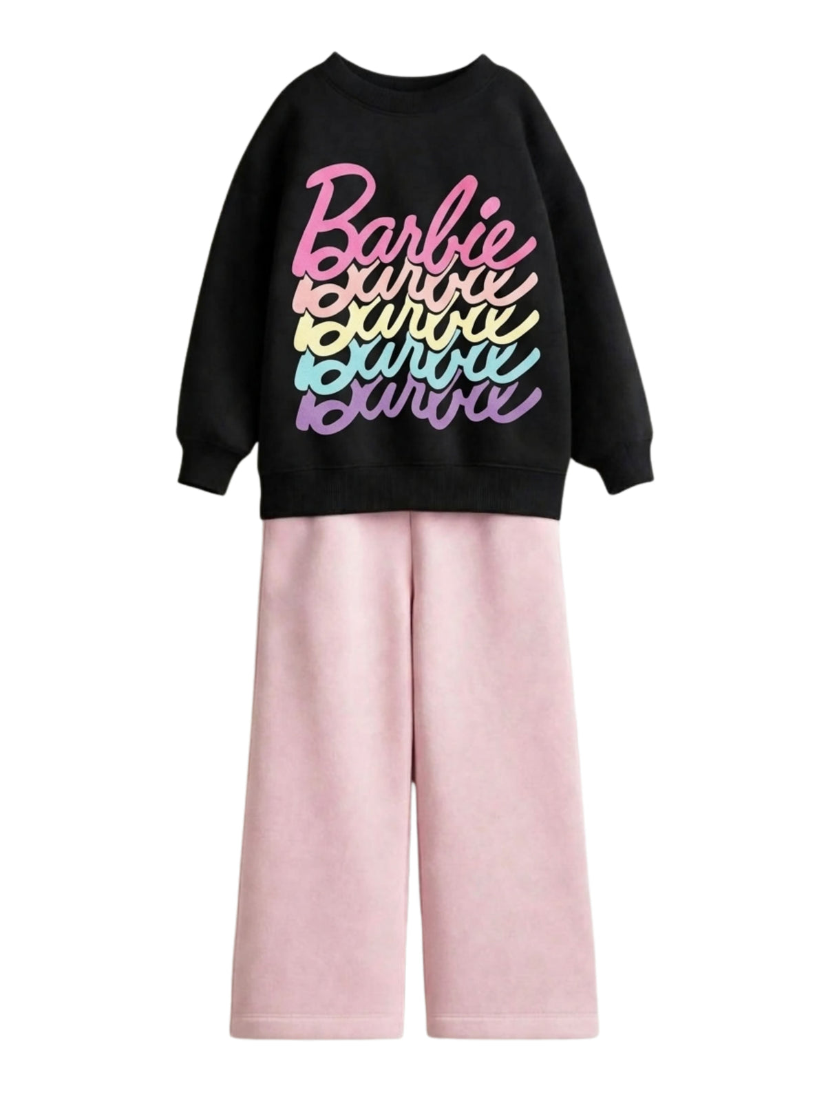 Barbie rainbow script black sweatshirt with pink wide-leg pants set for girls
