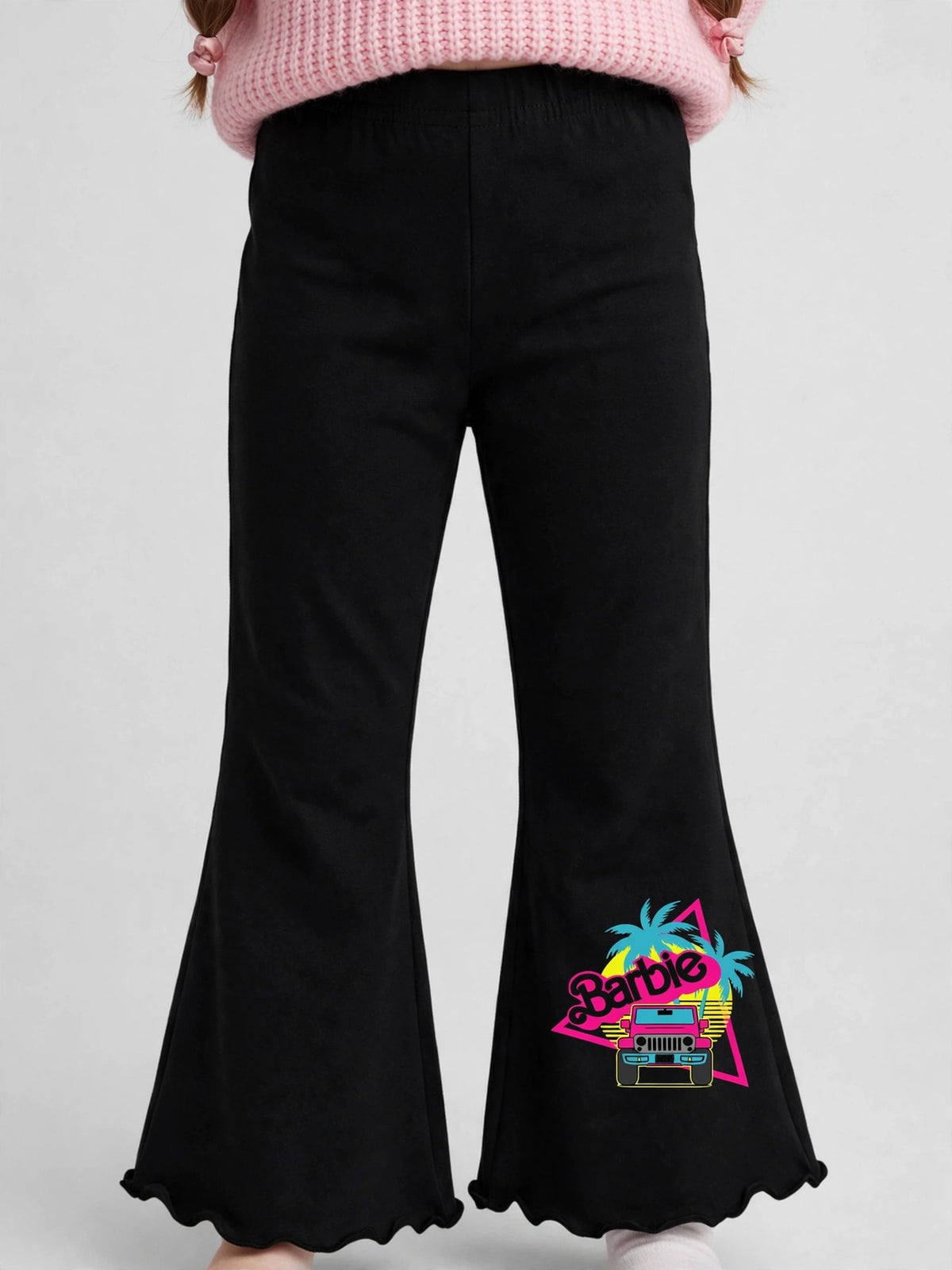 Girls Barbie Print Flare Pants - Black