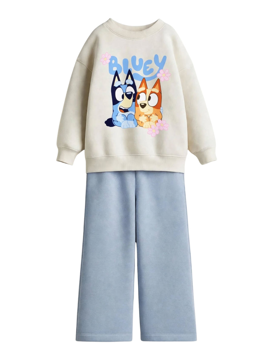 Bluey & Bingo Sweatshirt & Wide-Leg Pants Set - Cream & Sky Blue