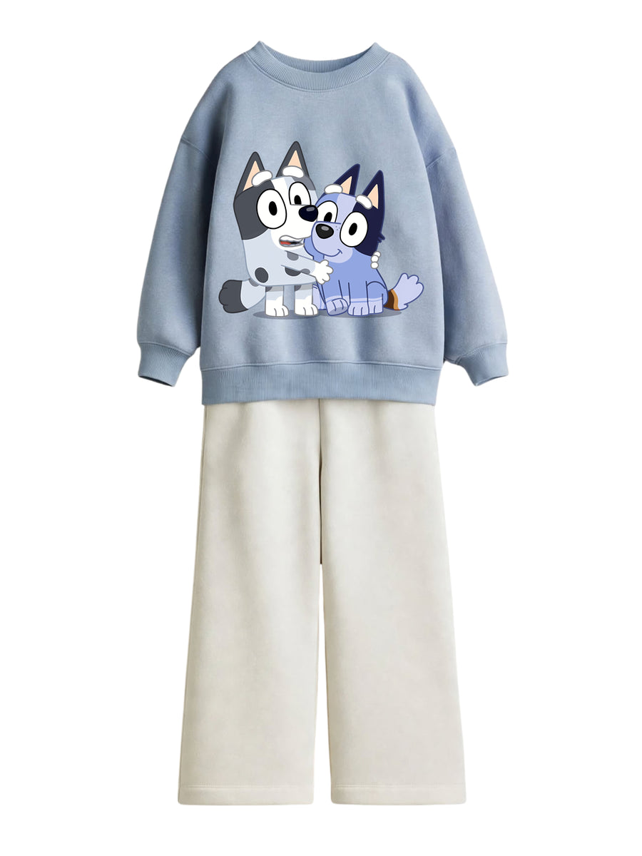 Bluey Muffin and Socks sky blue sweatshirt with cream wide-leg pants set for kids