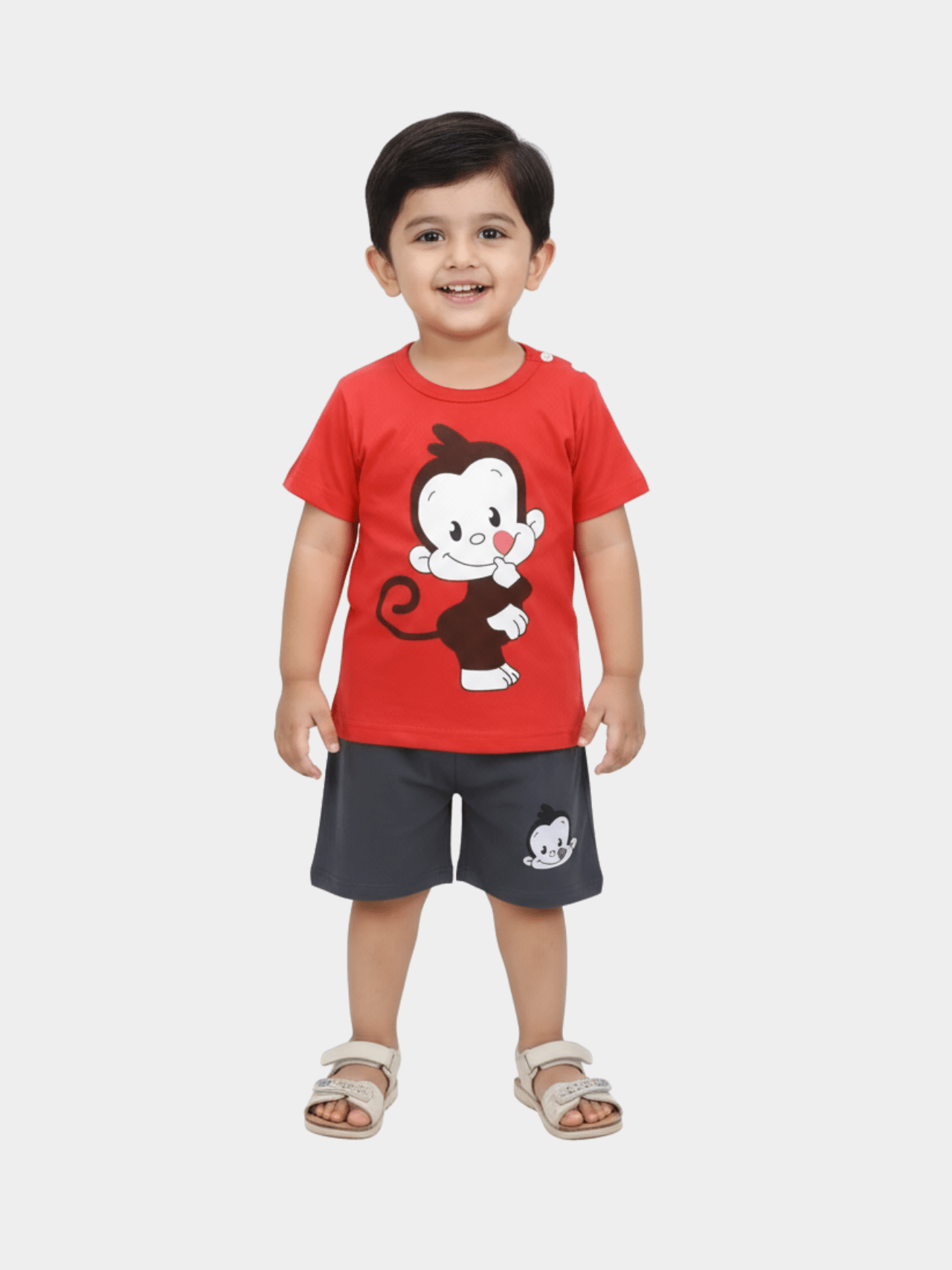 Boys' Monkey Graphic T-Shirt & Shorts Set | Red Cotton Tee & Grey Play Outfit