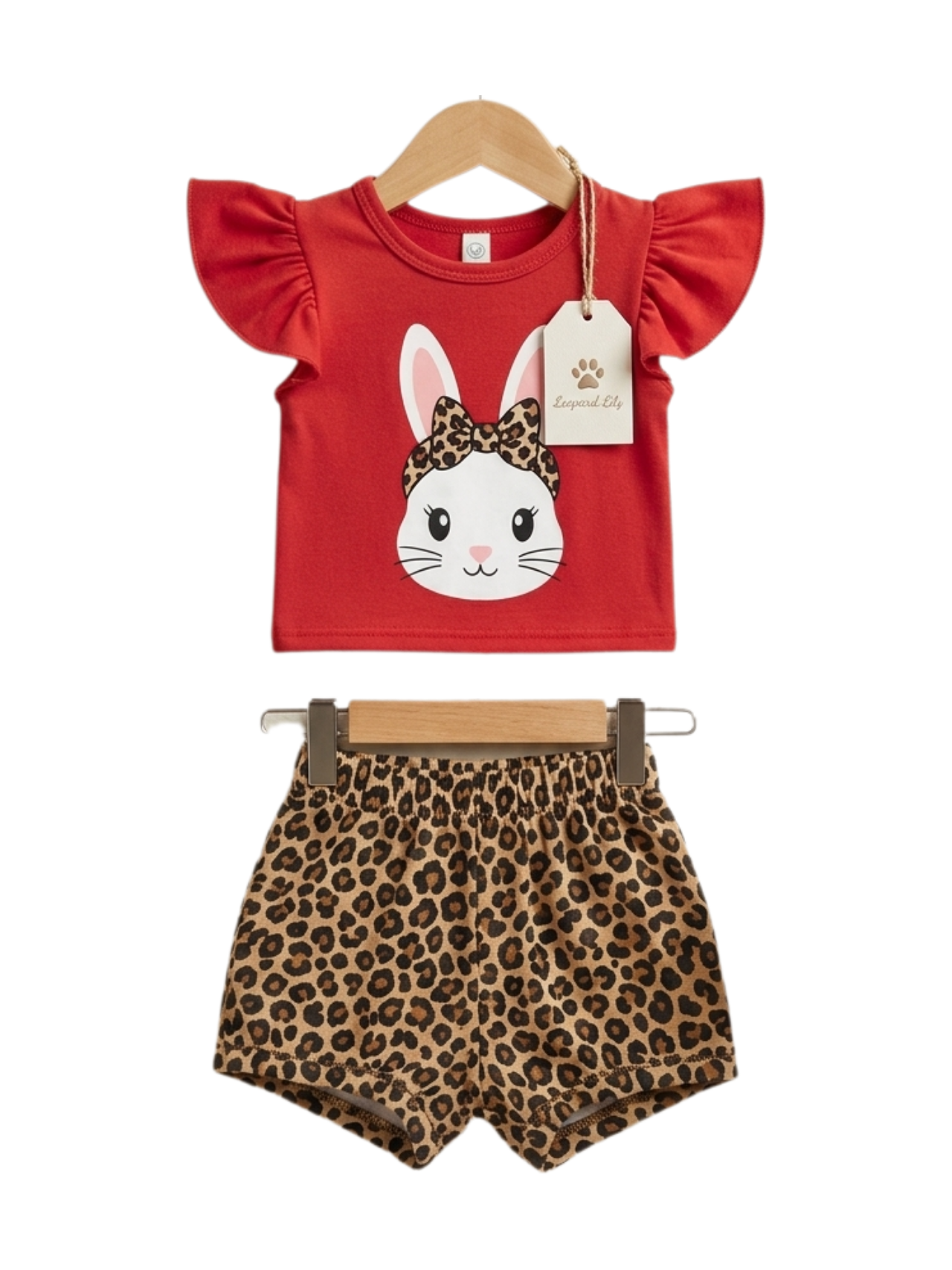 Bunny Bow Tee Set - toddler red ruffle tee with bunny graphic and leopard-print shorts