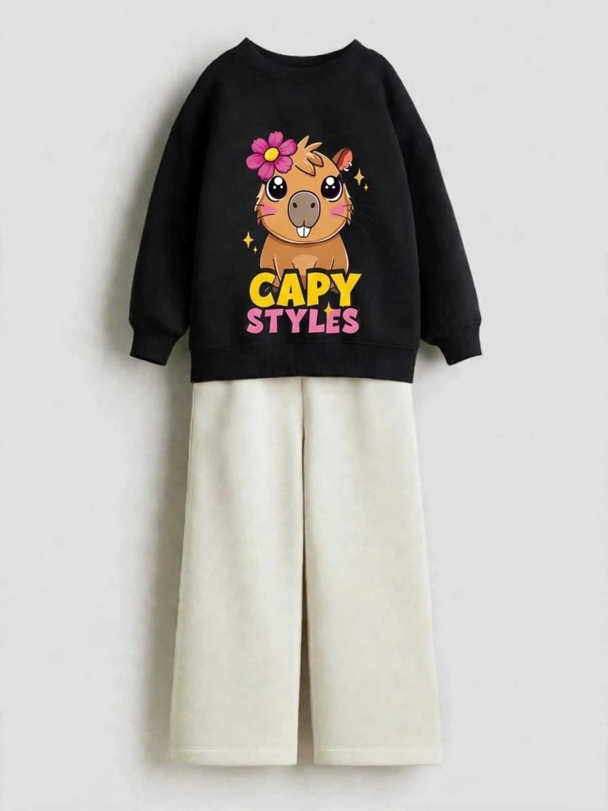 Capy Styles capybara black sweatshirt with cream wide-leg pants set for girls