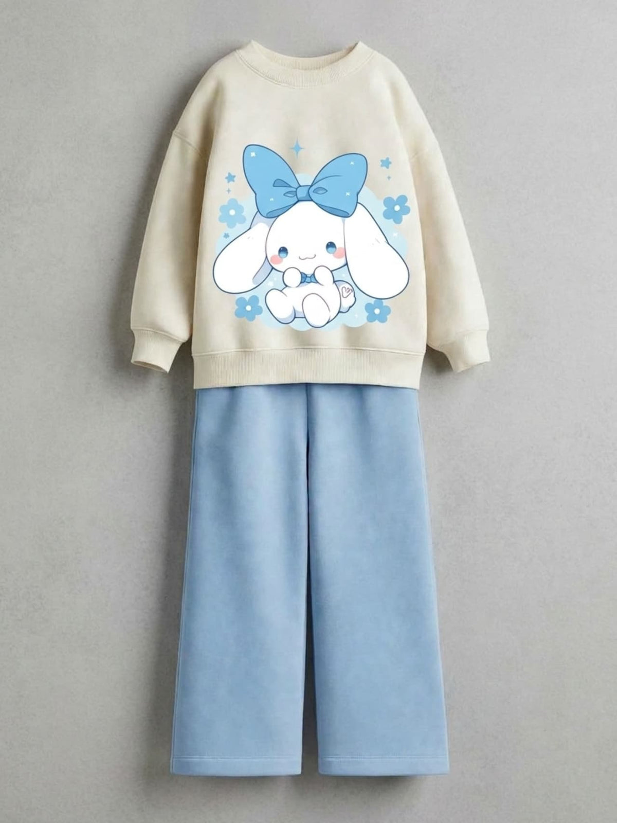 Cinnamoroll blue bow cream sweatshirt with sky blue wide-leg pants set for girls