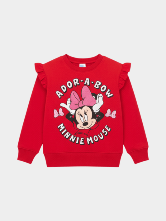Disney Minnie Mouse Girls' Red Ruffled Sweatshirt - Ador - a - Bow Graphic