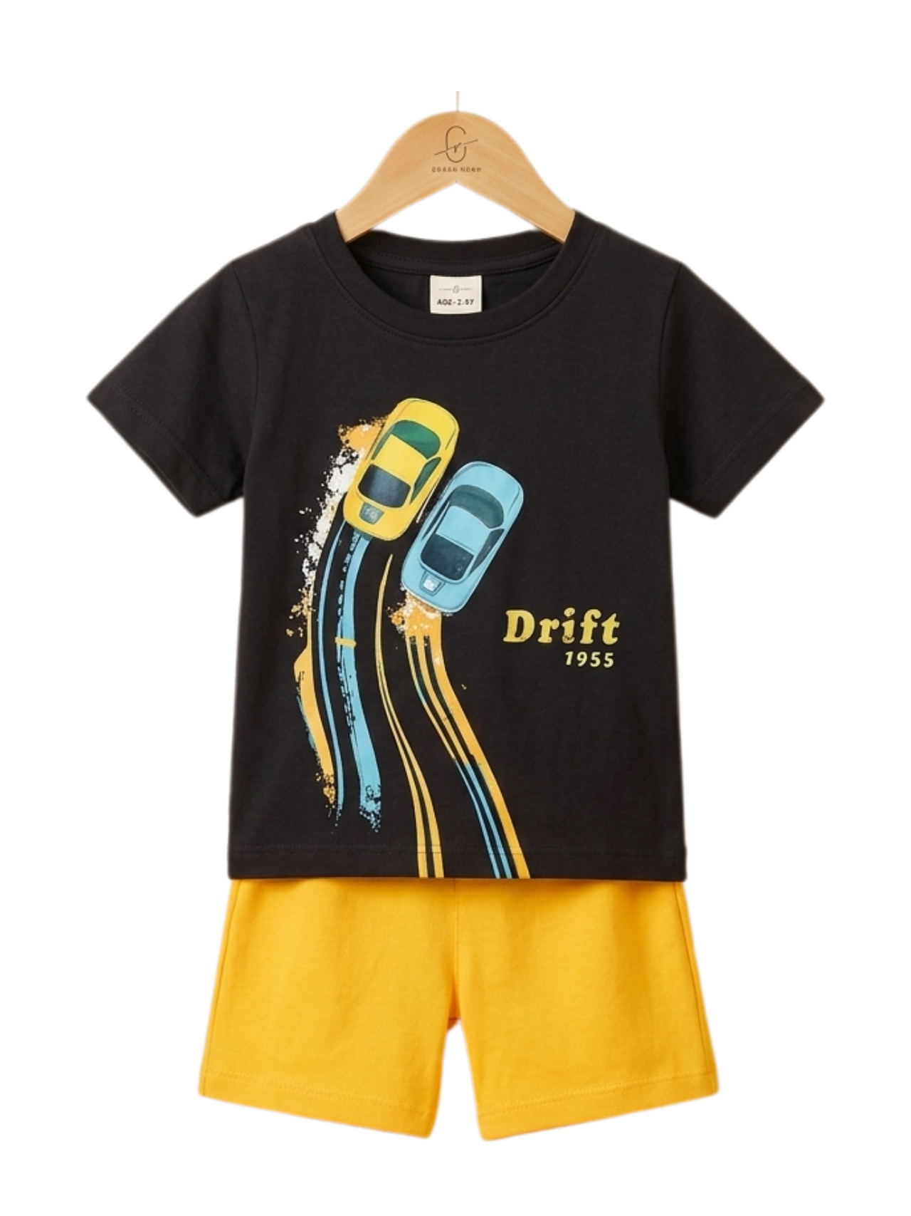 Drift Racer Tee Set - toddler black tee with cars print and yellow shorts