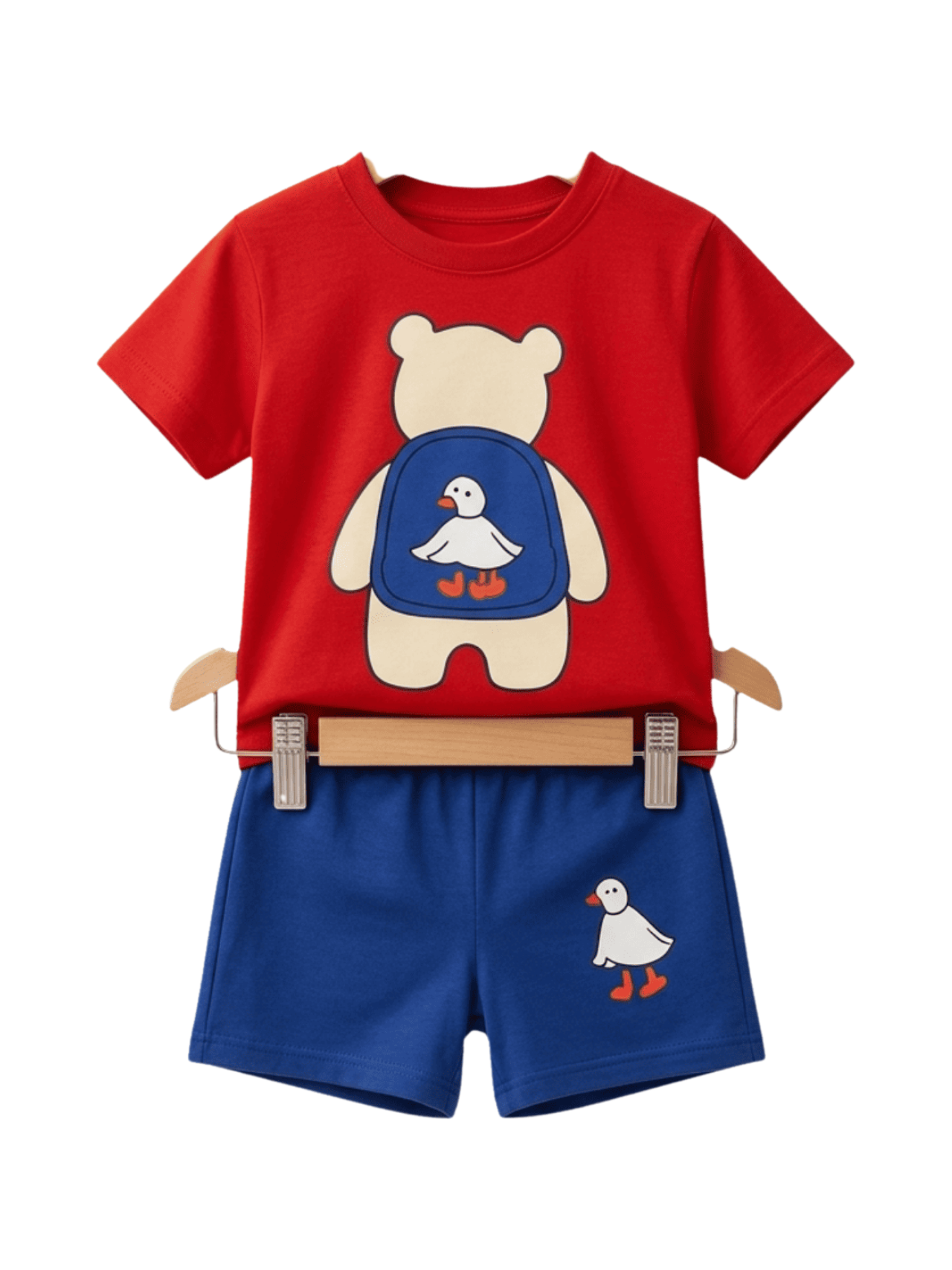 Duck Backpack Tee Set - toddler red tee with bear and duck backpack graphic and blue shorts