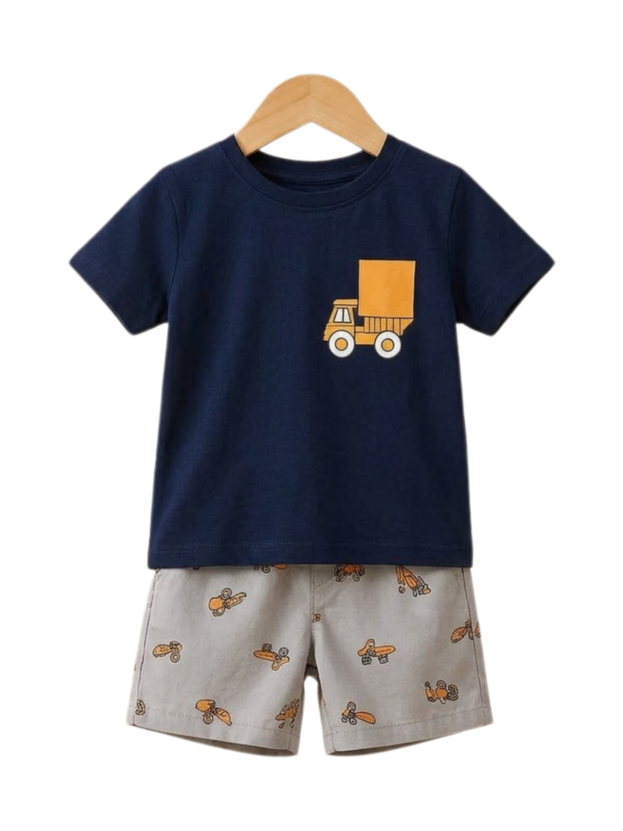Dump Truck Buddy Tee Set - toddler navy tee and grey shorts with dump truck graphic