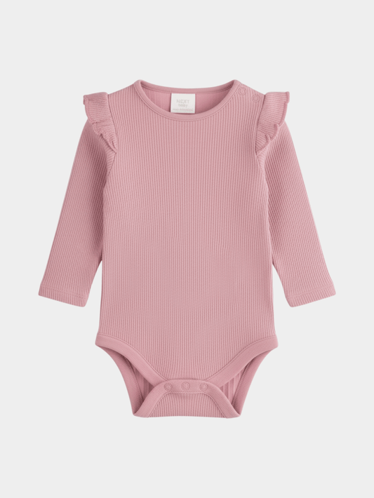 Dusty Rose Ribbed Ruffle Shoulder Bodysuit | Baby Girls' Long - Sleeve Frill Romper (0mths - 2yrs)