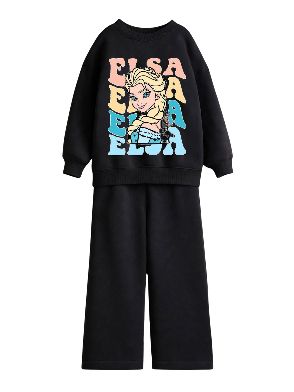 Elsa Frozen retro lettering black sweatshirt and wide-leg pants set for girls