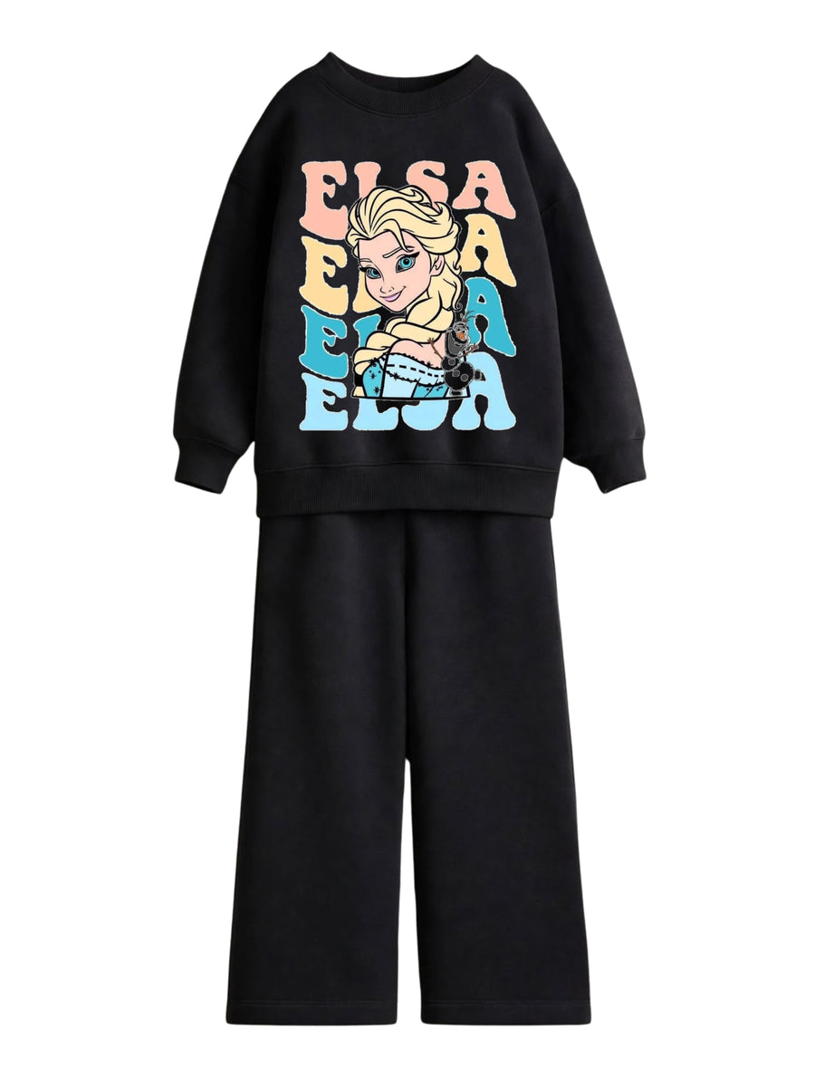 Elsa Frozen retro lettering black sweatshirt and wide-leg pants set for girls