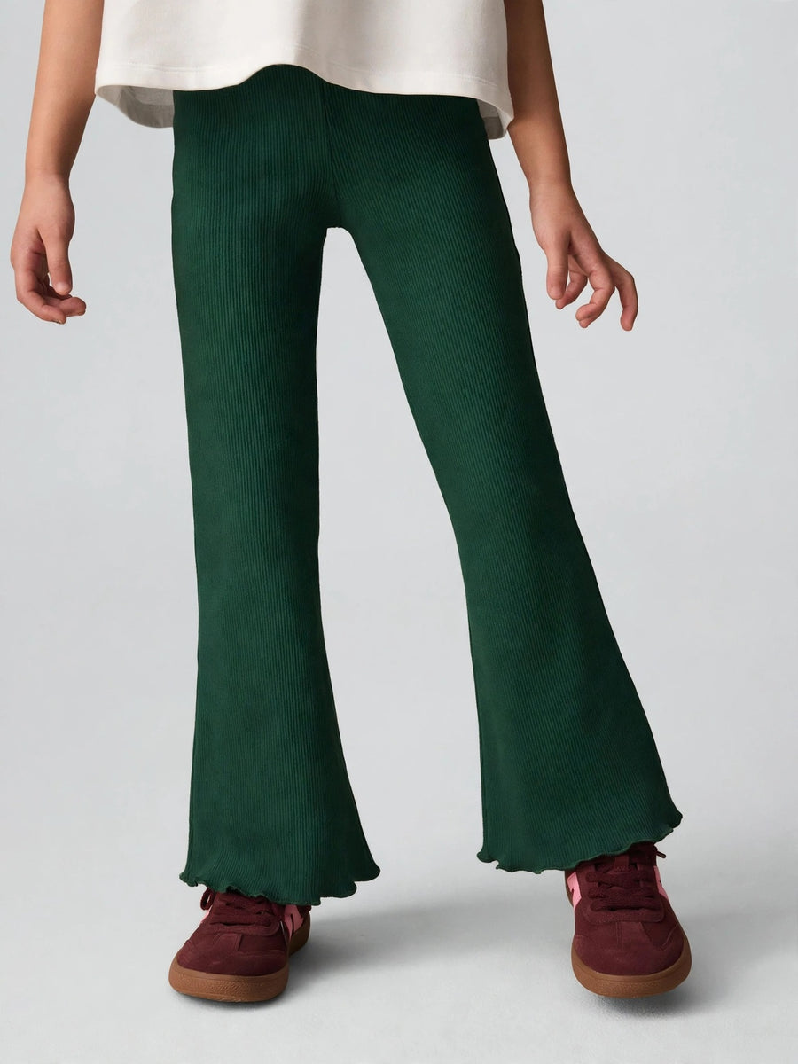 Girls Ribbed Lettuce-Hem Flare Pants - Green